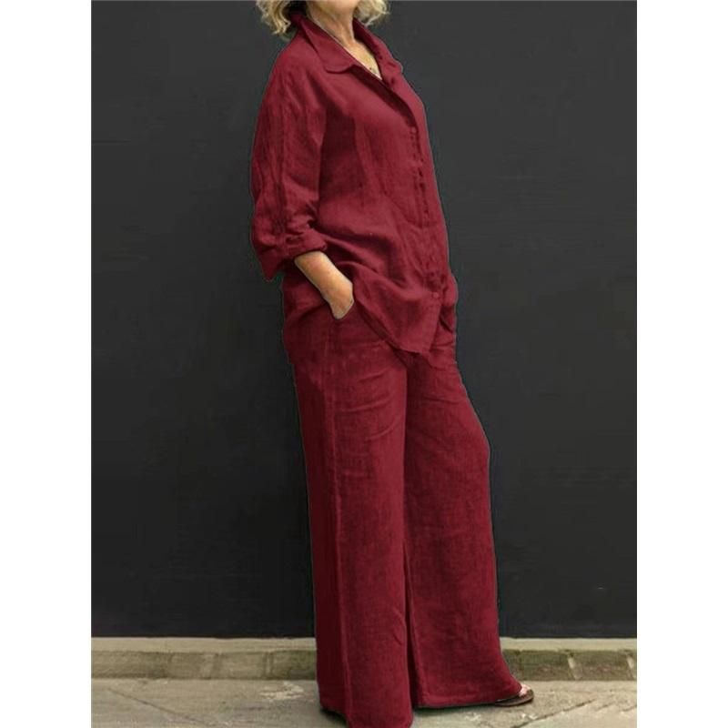 Women's Linen 2-Piece Outfit, Button Down Shirt & Wide Leg Pants Casual Loungewear Set