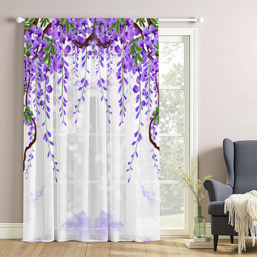2 Pcs Elegant Purple Wisteria Sheer Curtain – Polyester Rod Pocket for Living Room Bedroom Balcony Study Decor