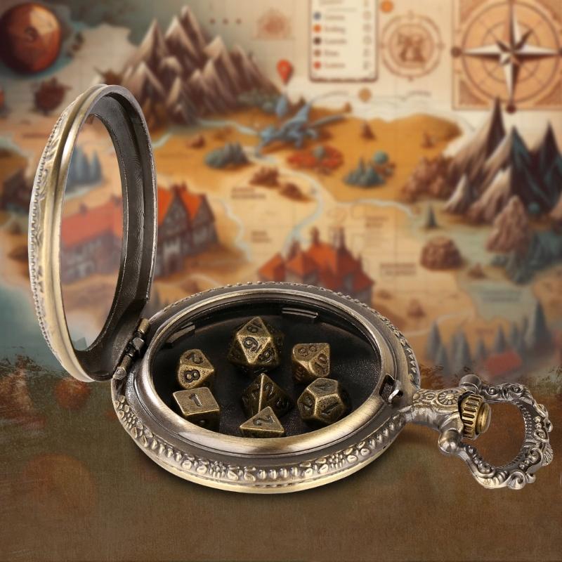 Unique Pocket Watch Case with 7pcs/set Metal Polyhedral Dices Pendant Delicate Pocket Watch for Gamers and Collectors