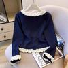 Spring & Autumn Patchwork Ruffle Slimming Cardigan with Colorful Buttons - Women's Long Sleeve Base Top