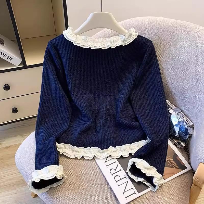 Spring & Autumn Patchwork Ruffle Slimming Cardigan with Colorful Buttons - Women's Long Sleeve Base Top