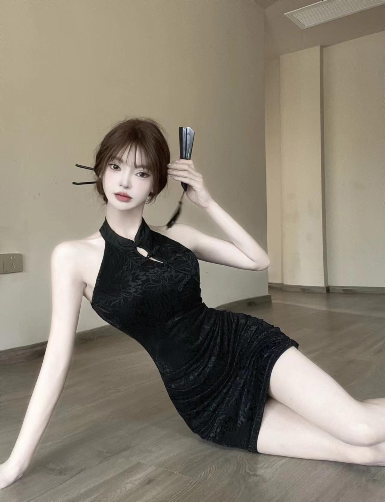 Летнее новое ретро ципао сексуальное облегающее облегающее платье женственное высококачественное юбка на талии и по фигуре S чёрный