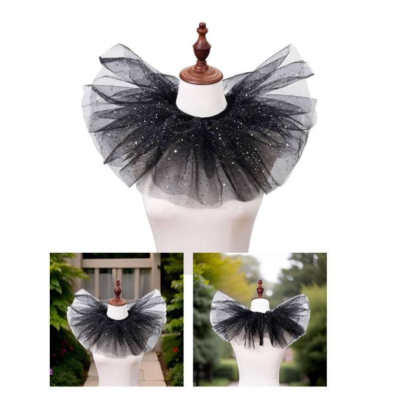 Victorian Sparkling Dots Layered Mesh Tulle Detachable Neck Ruff Ruffled Faux Collar Shawl for Halloween Clown Choker