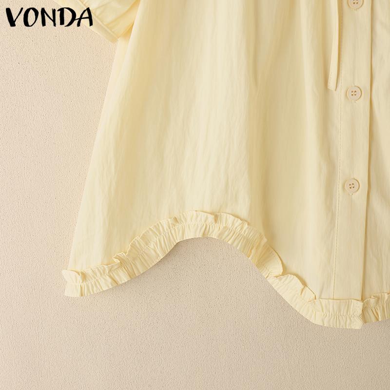 VONDA Women Ruffled Lace-up Neck Short Sleeve Casual Long Blouse