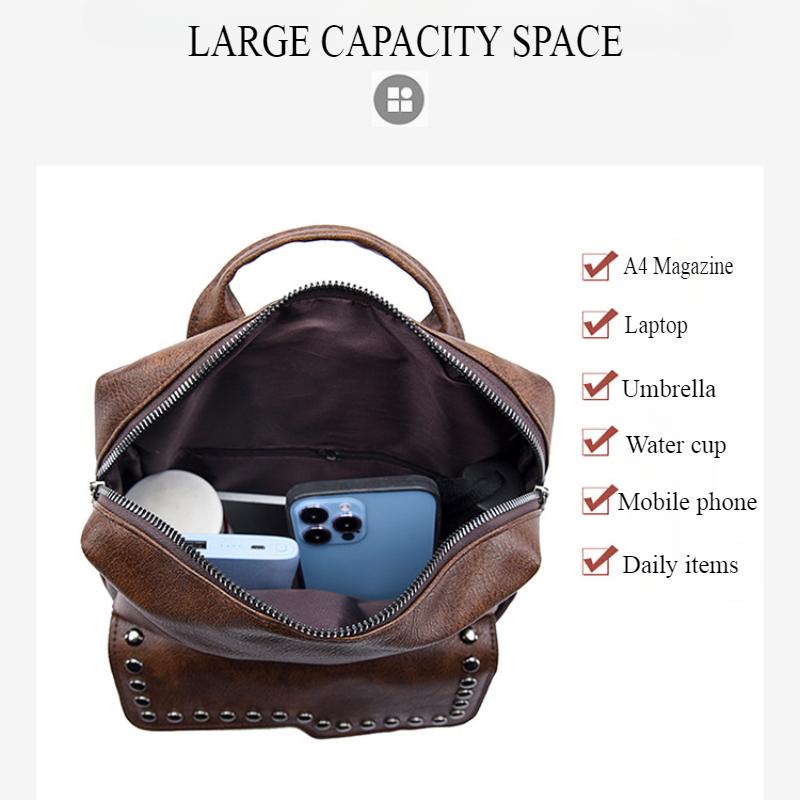 European and American Retro Versatile Women's Backpack High Quality Soft PU Leather College Student Rucksack Trendy Fashion Rivet Outdoor Travel Bag