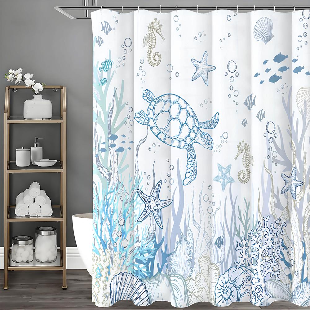 

Подводный мир Черепаха Морская трава Коралл Занавеска для душа, Декоративная занавеска для душа для ванной комнаты, Водонепроницаемая занавеска для душа с крючками 90*180cm