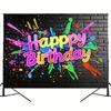 2D Colorful Paint Splatter Happy Birthday Backdrop Banner, Black Brick Wall Style