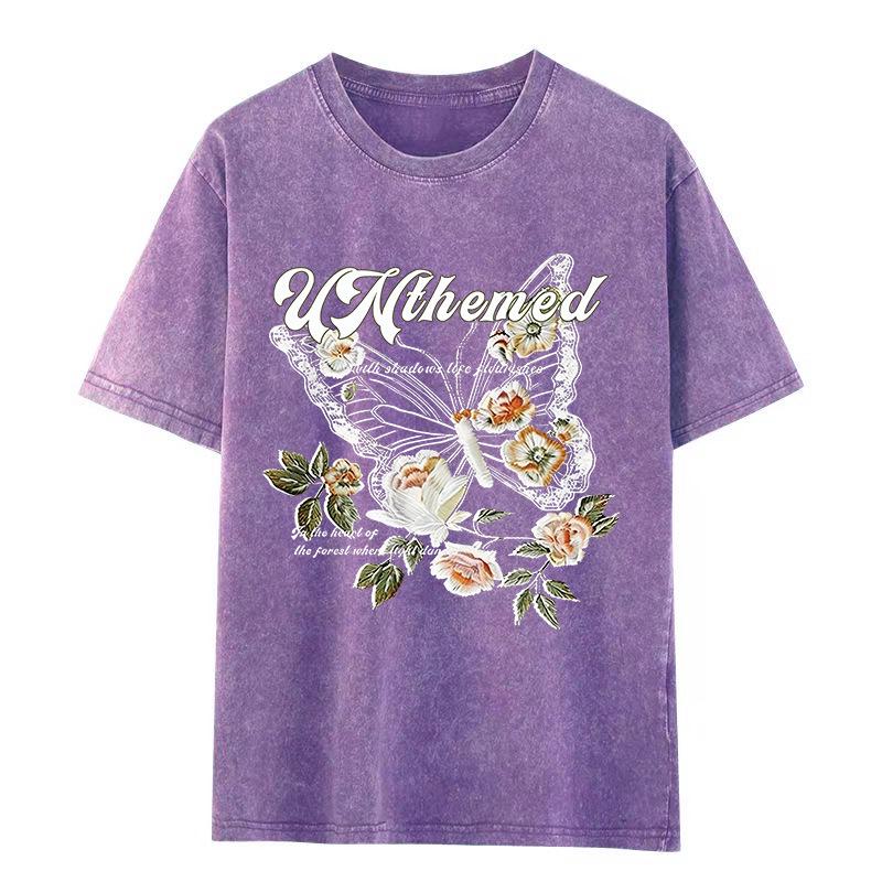 

Plus Size Retro Hip Hop Print Washed Cotton Short Sleeve T-shirt for Women 3XL фіолетовий