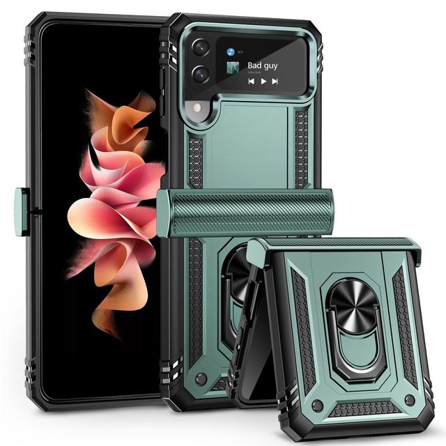 

Двухслойный прочный складной чехол для телефона Samsung Galaxy Z Flip 4 Flip3 Flip 3 Flip4 5g, чехлы-подставки с металлическим кольцом for Samsung Z Flip 3 зелёный