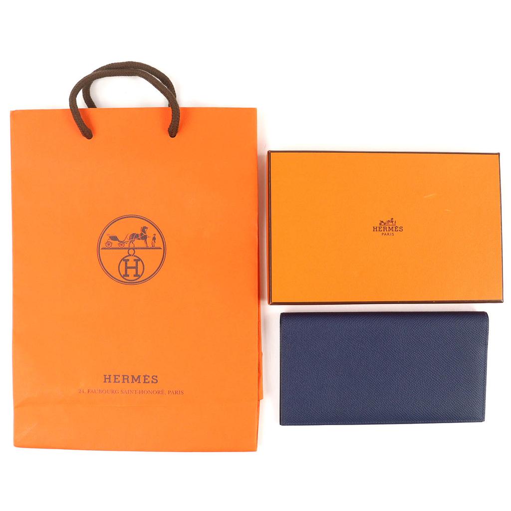 Great HERMES Bifold Wallet MC2 Fleming Bifold Wallet Purse Navy Epsom Leather Used