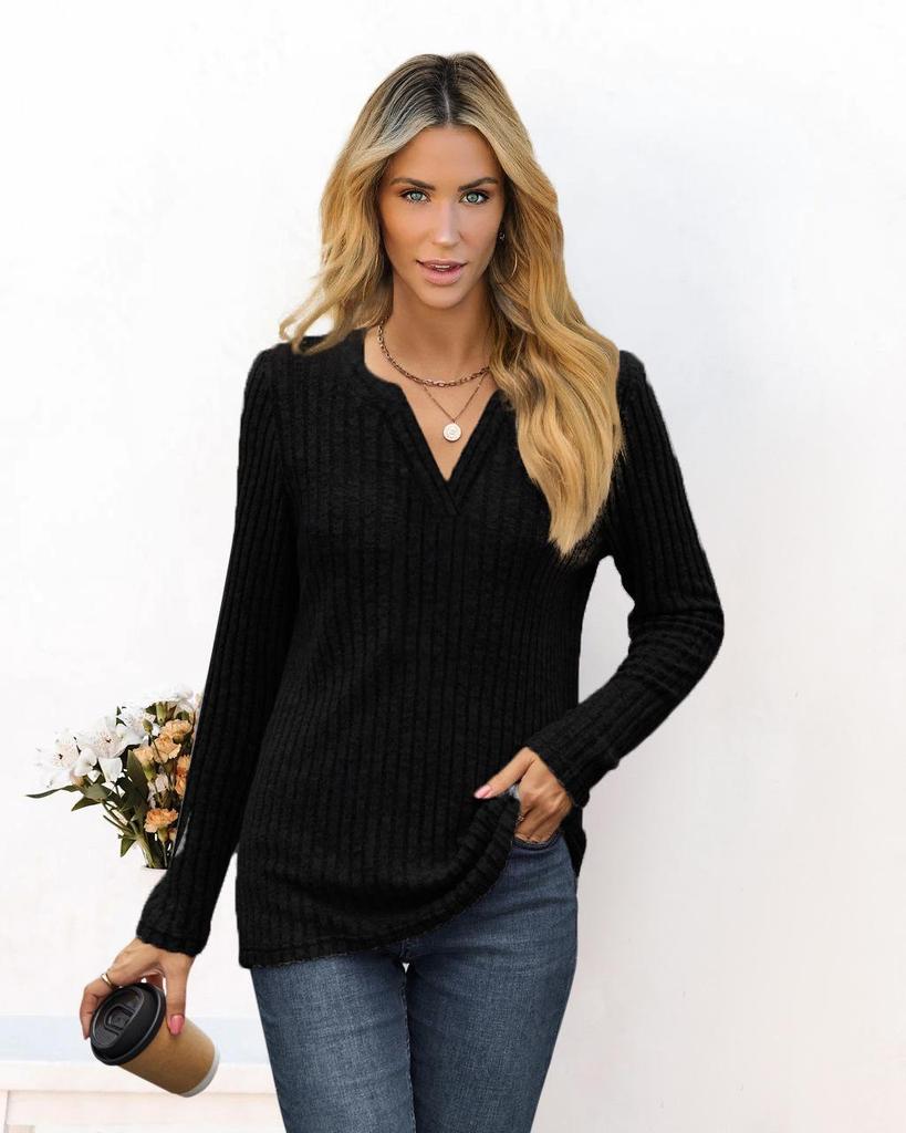 European & American Autumn/Winter V-Neck Loose Long Sleeve Women's T-Shirt