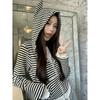 Autumn New Black and White Contrasting Striped Hooded Zipper Cardigan for Women