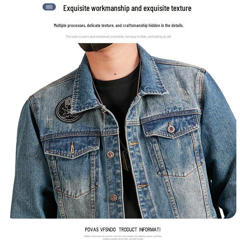 Xintang Men's Rhinestone-Studded Denim Jacket - Plus Size, Heavy Embroidery, Loose Fit Outwear
