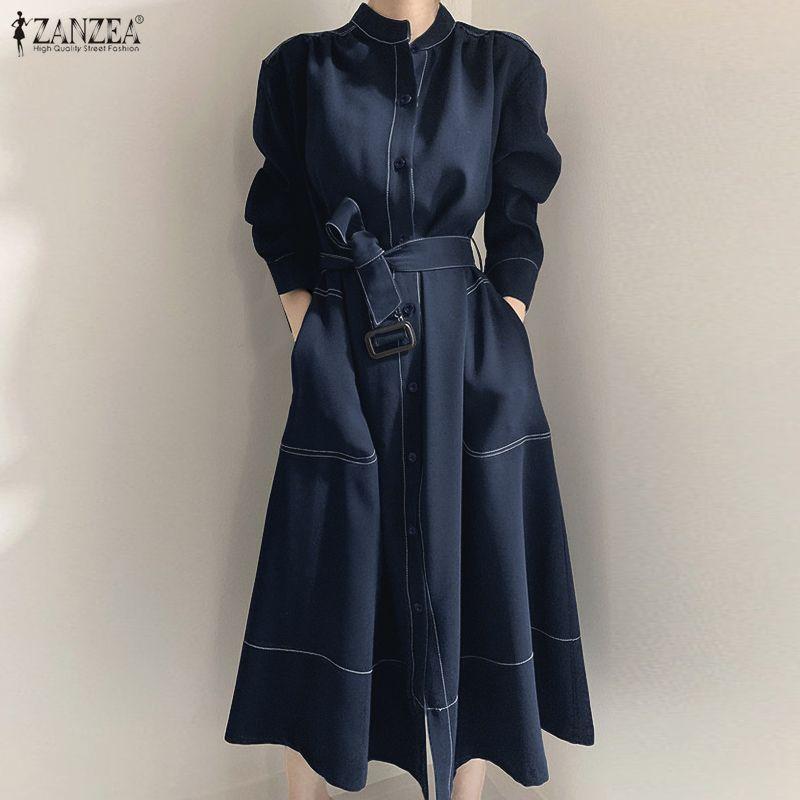 ZANZEA Women Casual Round Neck Solid Color Long Sleeve Loose Dress