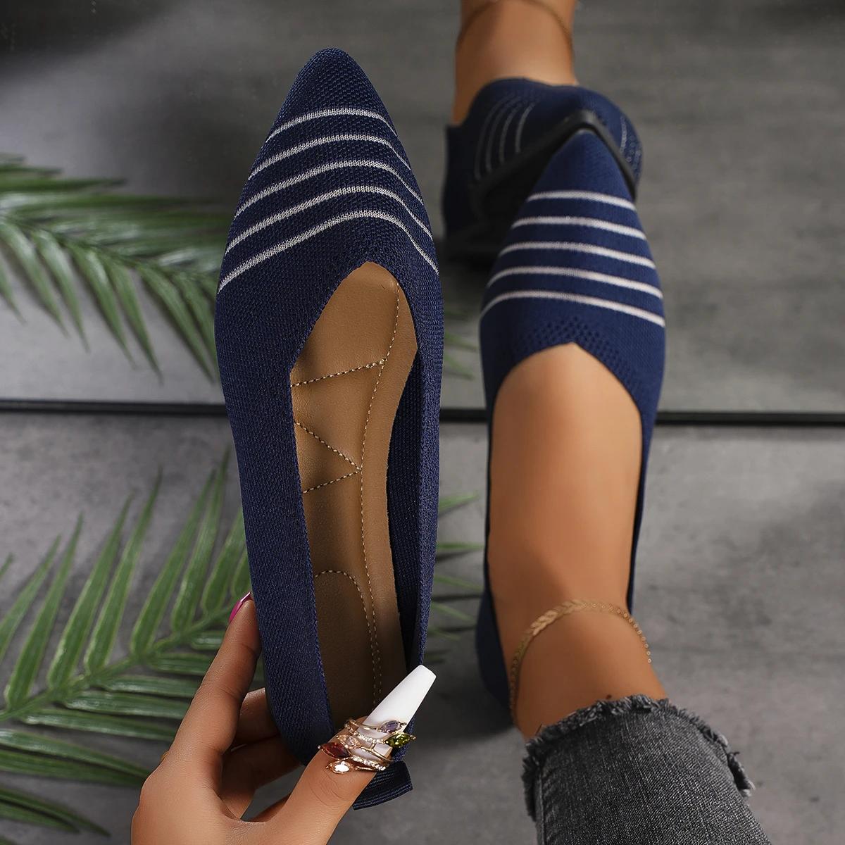 

Модные новые женские туфли высокого качества с острым носком и неглубоким воротом, женские туфли на плоской подошве из ткани, без застежек, на плоской подошве 40 синий