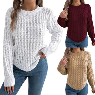 Women's Loose Solid Color Round Neck Irregular Hem Sweater Long Sleeve Pullover Top