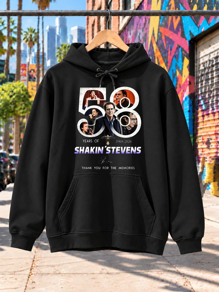 Hoodie Featuring Shakin' Stevens 58 Years 1968-2026 Tribute Collage with Vocalist Portraits And Thank You for The Memories Lettering Unisex Hoodie