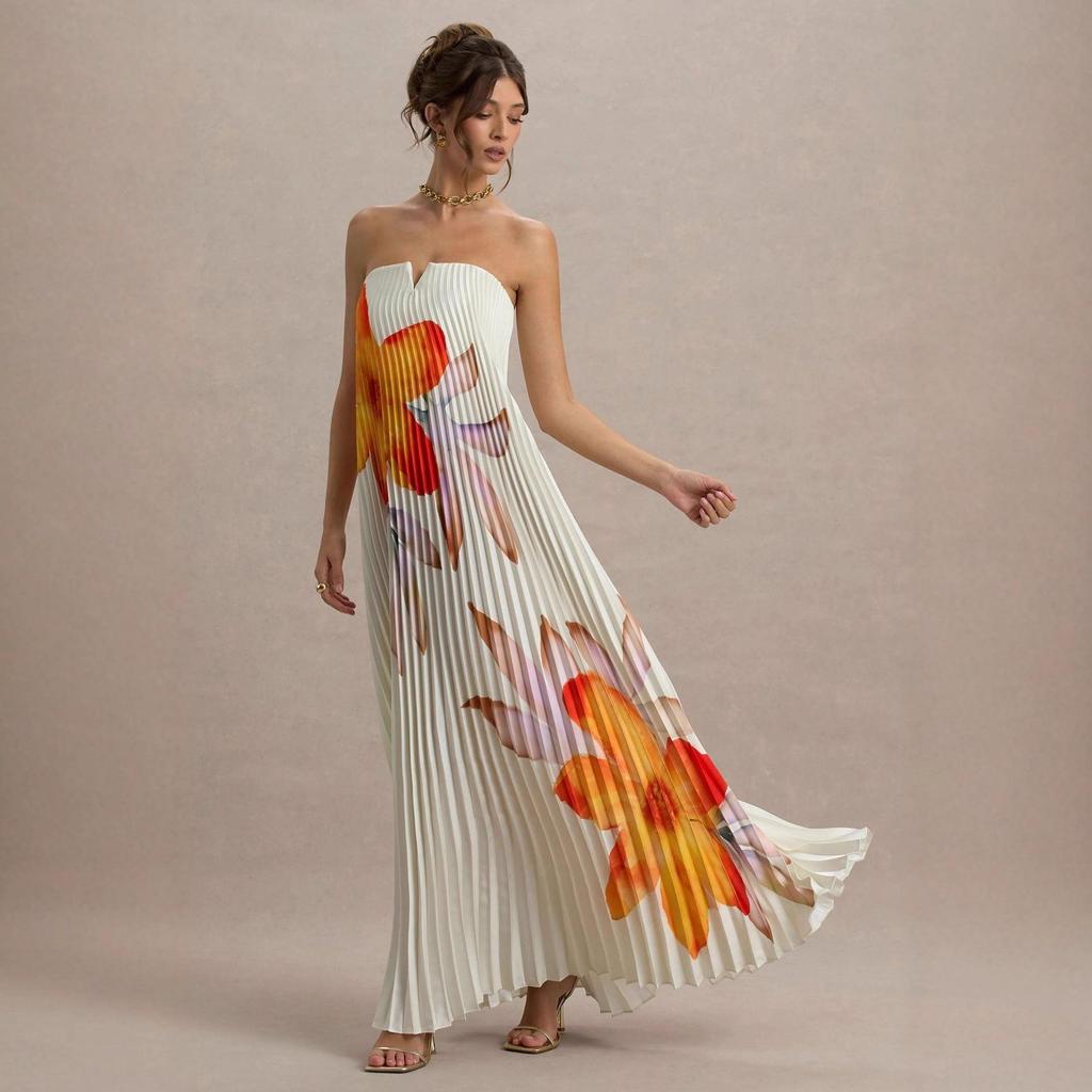 2026 Strapless Pleated Long Dress - Women's European & American Style