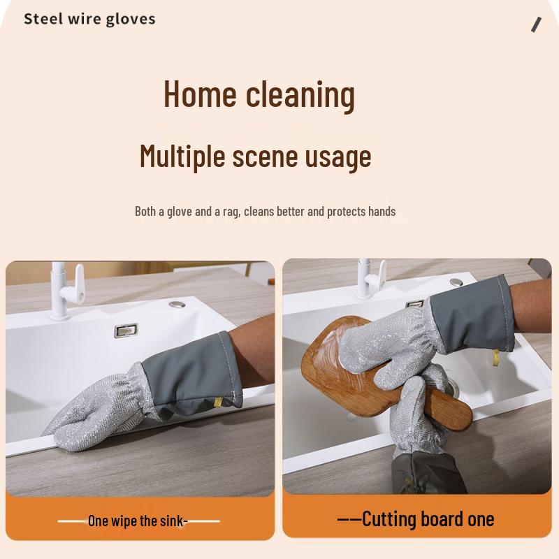 Silver Wire Leather Dishwashing Gloves: Multi-functional Extended Thickened Gloves for Kitchen Cleaning and Stain Removal.