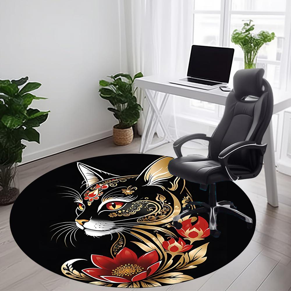 1pc Cat Flowers Office Round Area Rug, Indoor Mat Suitable ForOffice, Under Office Chairs Bedroom Living Room Home Decor, Room Deco 011
