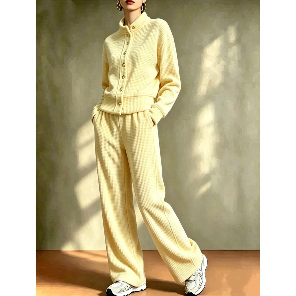 Women 2 Piece Outfit Waffle Knit Set Stand Collar Button Cardigan Wide Leg Pants Casual Loungewear Tracksuit