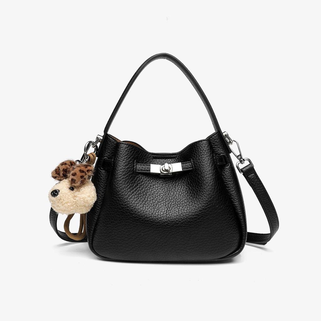 Korean Style Genuine Leather Bucket Bag with Cute Dog Pendant - Versatile Crossbody and Shoulder Bag for Women
