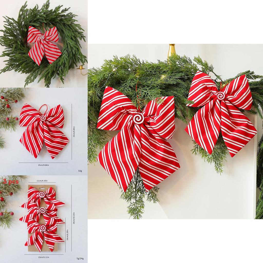 Red And White Diagonal Stripe Bow Pendant For Festive Tree Decor