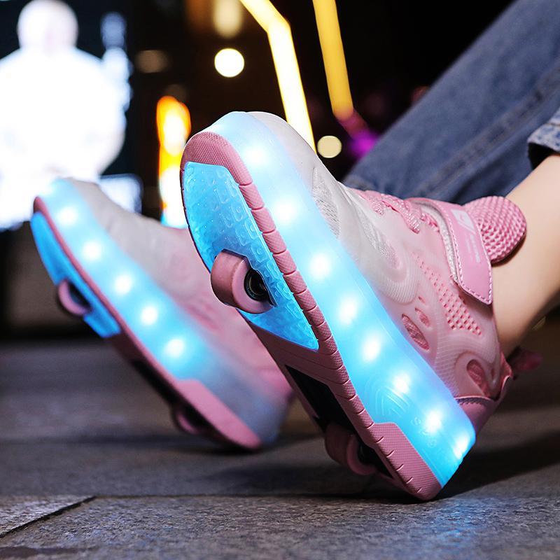 Boys Lights Sports Shoes Rubbing Shoes Charging /Disassembling Tow Wheels Slide Shoes LED Kids Glowing Sneakers