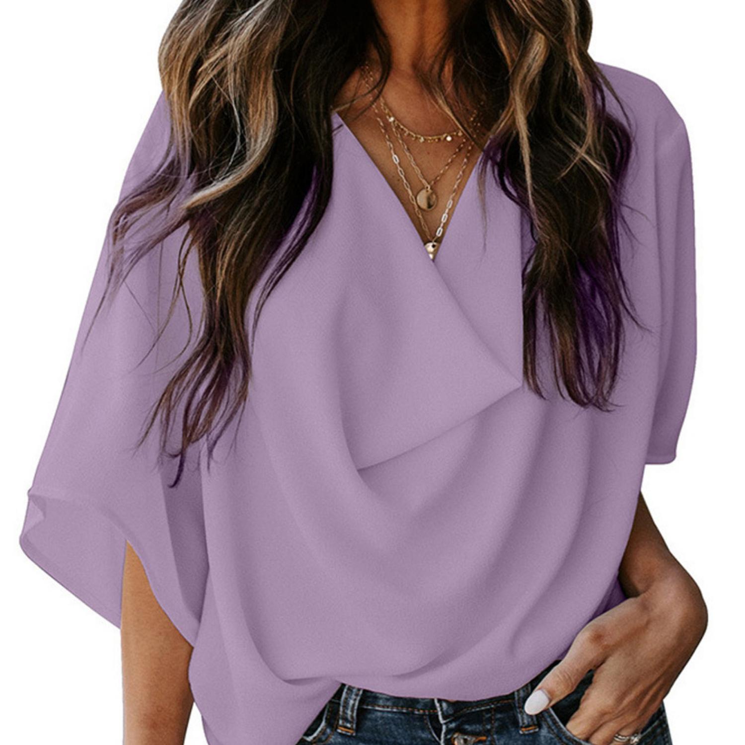 

2023 Шифонова сорочка, вільна повсякденна футболка з v-подібним вирізом для жінок XXXL світло-фіолетового кольору