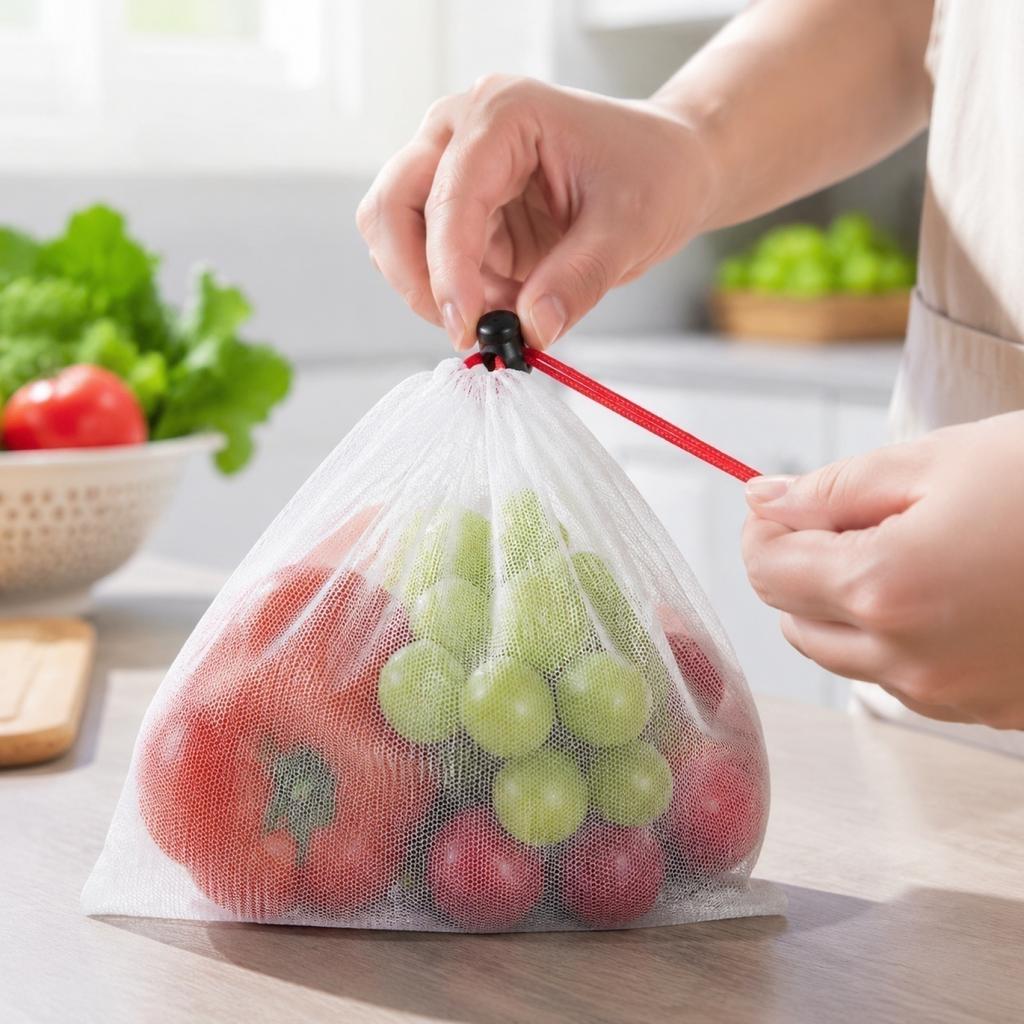 Sacs en Maille Réutilisables à Cordon pour Légumes - Sacs de Rangement en Polyester pour Fruits et Légumes pour les Courses et l'Organisation de la Cuisine