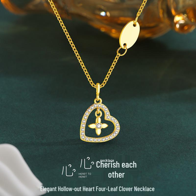 Vintage Sparkling Diamond Clover Heart Necklace - Unique, Elegant Clavicle Chain