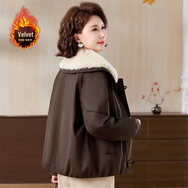 Mom's Stylish 2025 Lamb Wool Padded Jacket: Elegant Lapel Design for Middle-Aged and Elderly Women