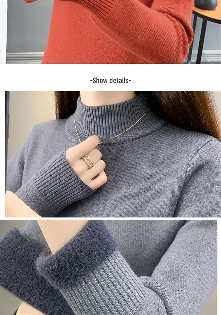 Women's Plus Velvet Warm Knit Sweater, High Collar, Long Sleeve, Thick Inner Layer - 2025 Autumn/Winter Collection
