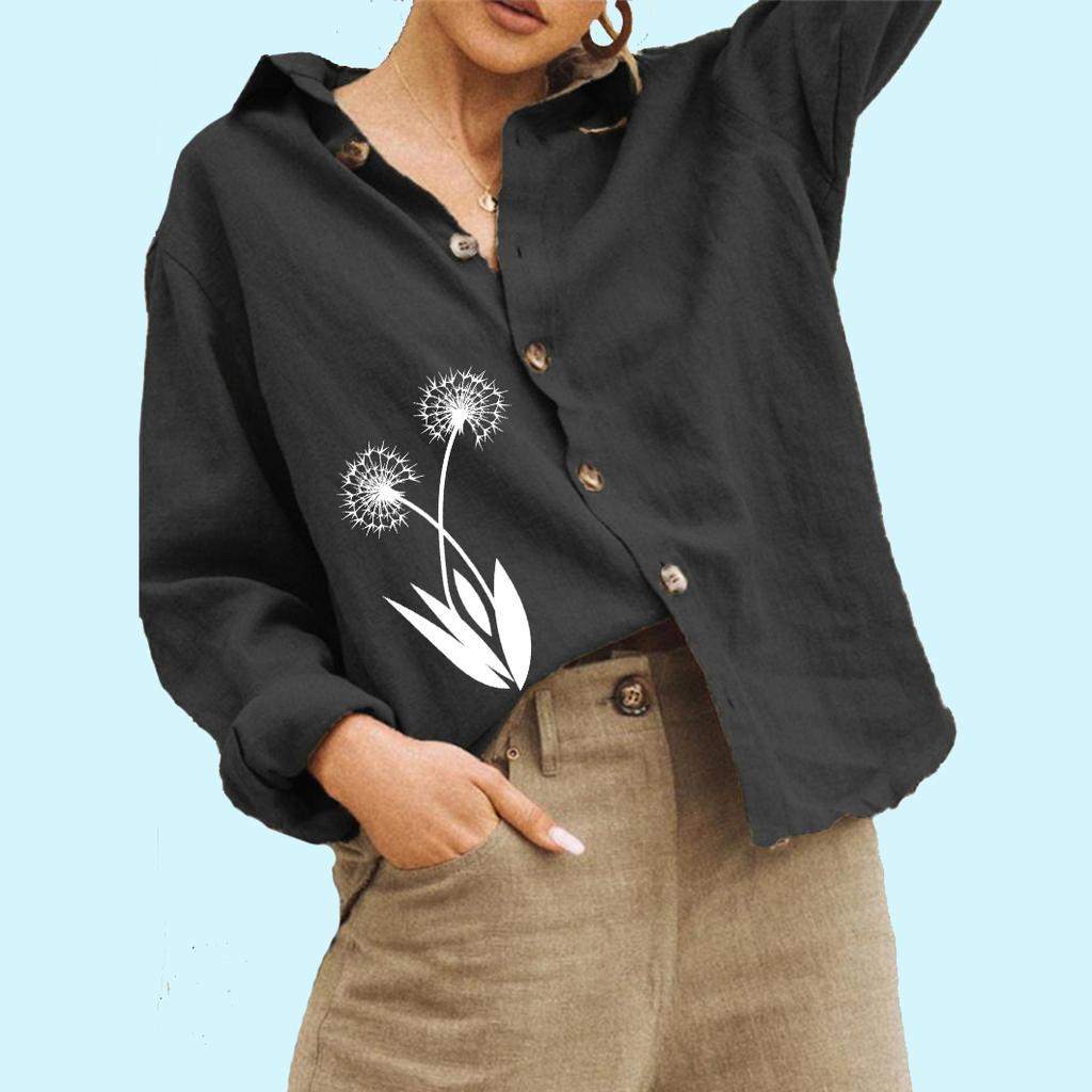 Women Fashion Floral Print Linen Shirt Ladies Casual Long Sleeved Top Loose Buttoned Blouse