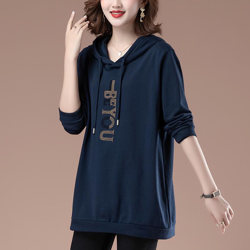 Women's Mid-Length Hooded Sweatshirt - Loose Fit, Plus Size, Casual Top for Spring/Autumn, Hip-Covering Design for Middle-Aged Moms