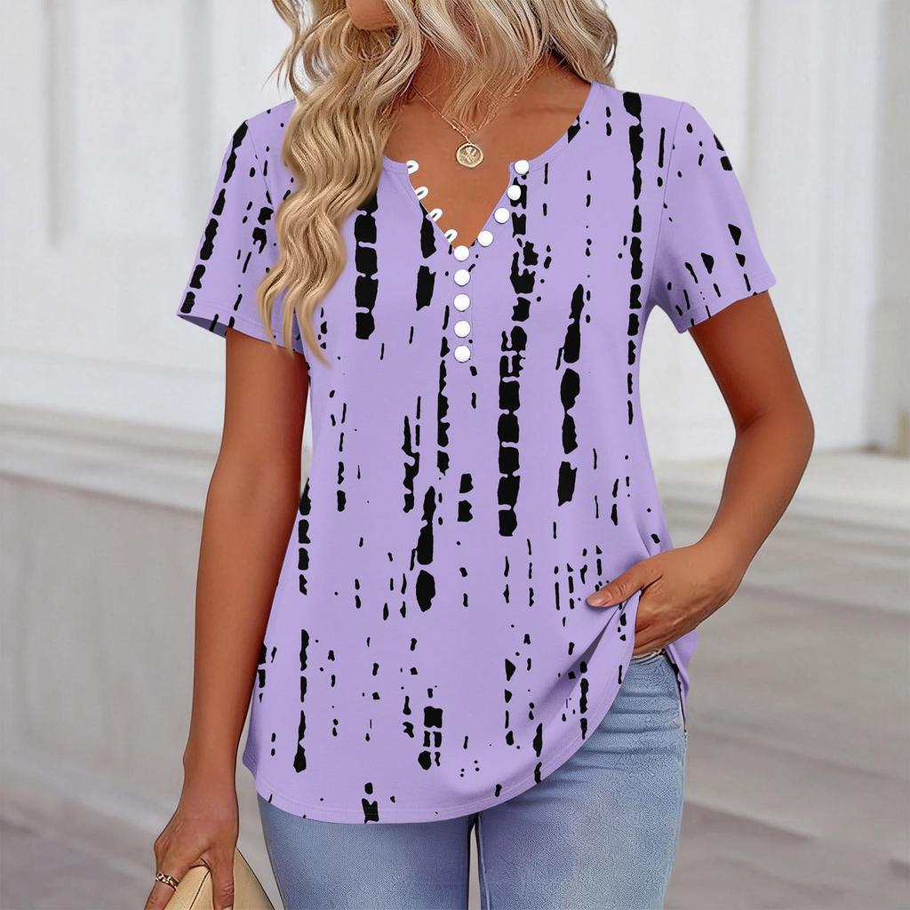 Damen Kurzarm Hemdbluse mit Blumenmuster, Henley-Kragen, Knopfleiste, Lässige lockere Passform, Oberteil für den täglichen Gebrauch und Outdoor-Aktivitäten