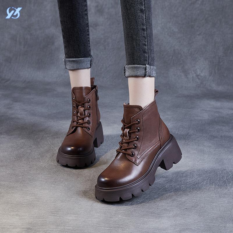 Leather Platform Martin Women's Autumn and Winter Velvet New Heightening Thick High Heel Small Short