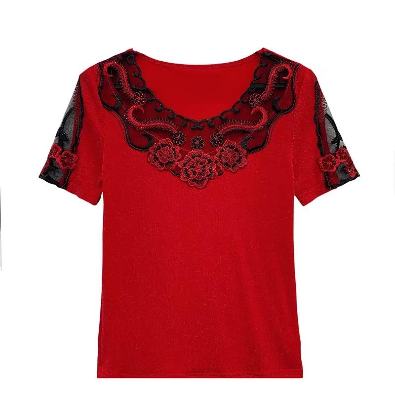 Summer Lace Hot Diamonds Embroidery Flower Designer T-Shirt Elastic Sexy O-Neck Slim Mesh Tops Chic Women's Short Sleeved Vintage Tees Blouse