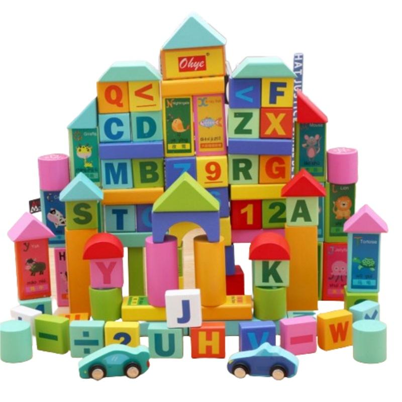 50pc Wooden Early Learning Blocks Kids Educational Toddlers Toy Set