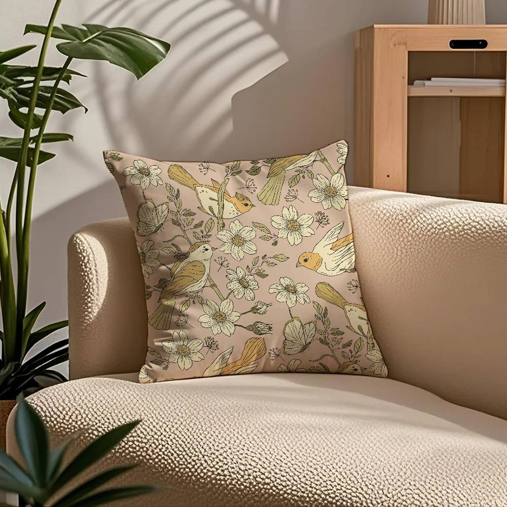 Birds Butterflies Flowers Pillow Case Comfort Sofa Bed Silky Elegant Invisible Zipper Custom Decorative Cushion Cover