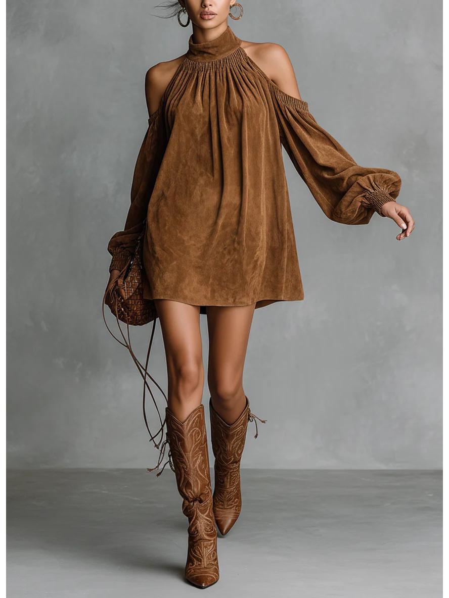 

2025 European & American Suede Off-Shoulder Mini Dress with High Neck and Lantern Sleeves Large