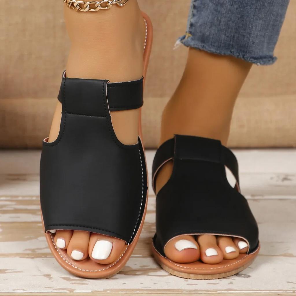 Fashion Ladies' New Summer Flat-bottomed Open-toed Slippers, Solid-color Fish-mouth Beach Cool Slippers