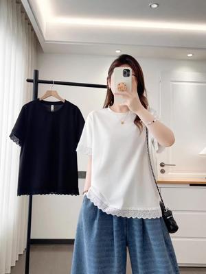 2026 Korean Style Plus Size Casual Lace Patchwork Round Neck Short Sleeve Top for Chubby Girls