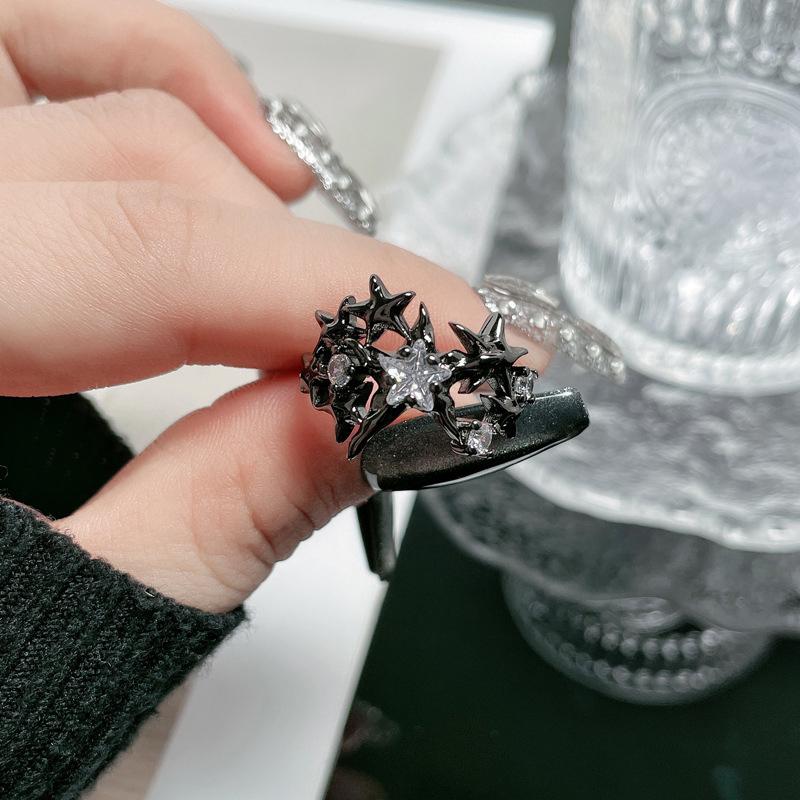 Punk Gothic Inlaid Zircon Star Black Open Ring Neutral Retro Creative Irregular Daily Party Jewelry Gift
