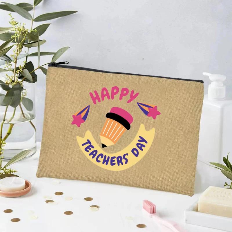 Thank You Teacher Print Linen Toiletry Bag Organizer Perfume Lipstick Cosmetic Bag Office Supplies Pencil Bag Teacher's Day Gift