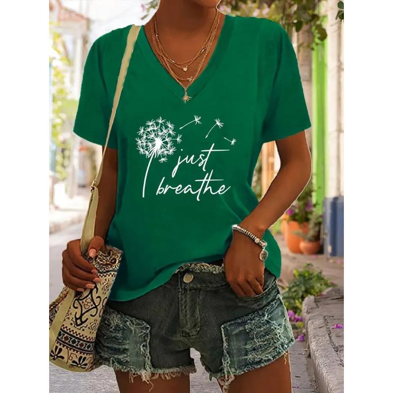 Summer V-neck 3D Dandelion Dragonfly Pattern Printed Top Fashionable Casual Short Sleeved Women's T-shirts