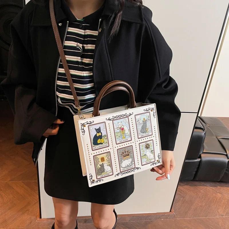 Modische Katzen-Elf Handtasche Top-Handle-Tote-Bag Quadratische Crossbody-Umhängetasche Niedliches Katzenmuster Vielseitige Tote-Bag Aktentasche für Damen