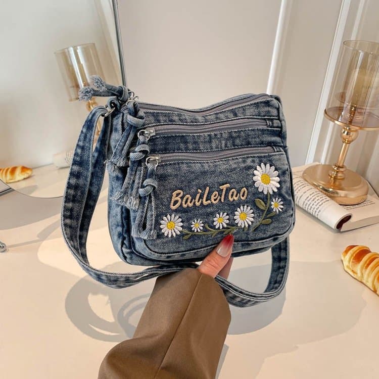 Borsa a tracolla in denim con ricamo di margherite Borsa a spalla da donna