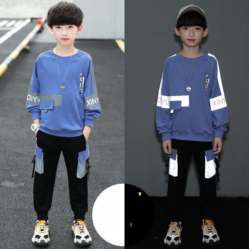 Children's Clothing Autumn Boys' Suits Korean Version of The Big Boys' Color Matching Luminous Long-sleeved Pullover Fashion Two-piece Suit