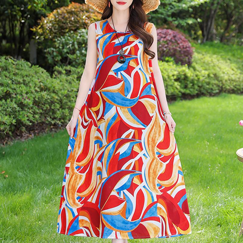 Casual Summer Dresses for Women Vintage Clothes Loose Sleeveless Plus Size Elegant Long Dress With Belt